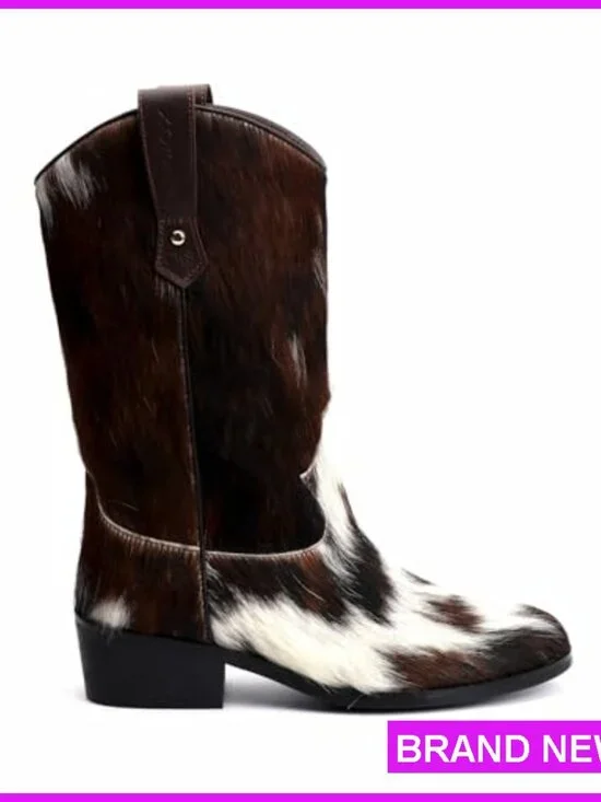 Genuine Cowhide Leather Cowboy Boots Mid-Calf Western Pull-On Festival Fashion - Picture 5 of 7